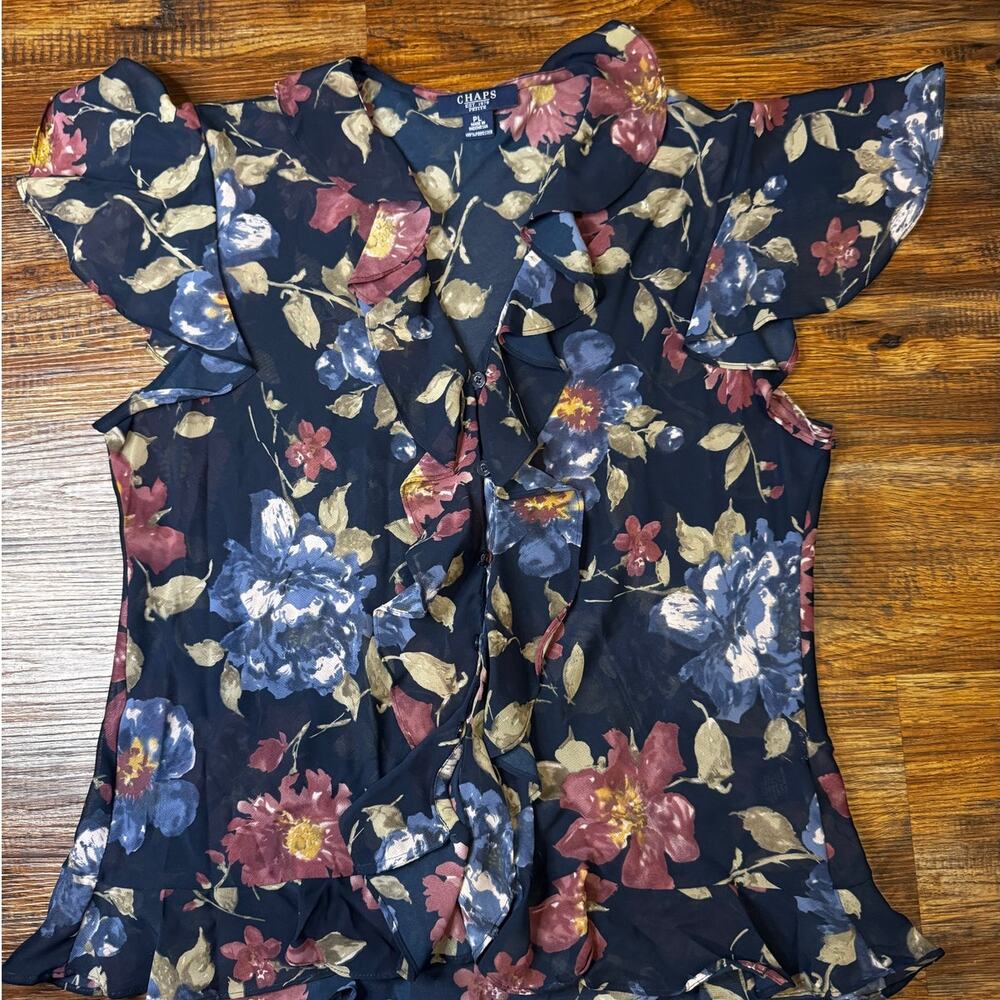 CHAPS floral button up blouse PETITE LARGE semi sheer peplum v neck cap sleeve